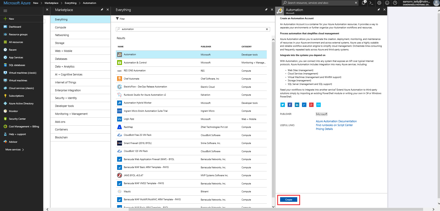 Create Azure Automation Account button in Azure Automation portal